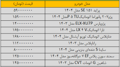 پژو ترمز برید؛ این مدل ۹۰ میلیون تومان دیگر گران شد/ آخرین قیمت ساینا، پراید، تارا، کوییک و شاهین + جدول