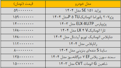 بازار خودرو به شدت «کپ» کرد/ آخرین قیمت شاهین، کوییک، پژو، سمند، دنا و تارا + جدول