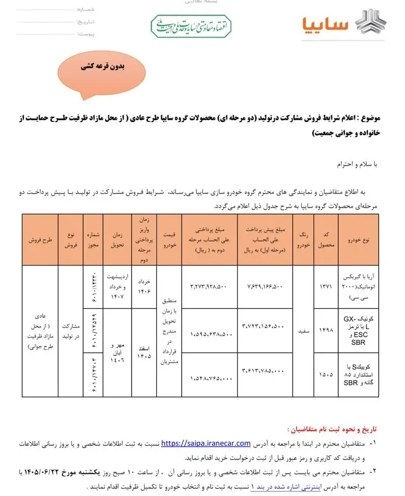 شرایط فروش سایپا